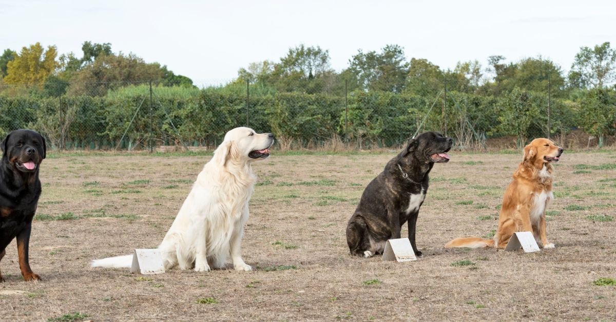 Five dogs of various breeds sitting in a line on a dry grassy field with a line Five dogs of various breeds sitting in a line on a dry grassy field with a line